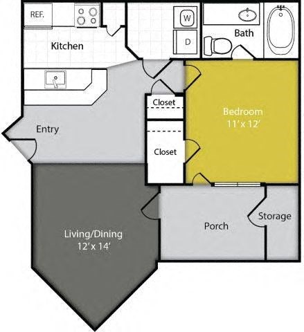 a rendering of a floor plan of a 1-bedroom apartment home at eclipse apartments duluth ga